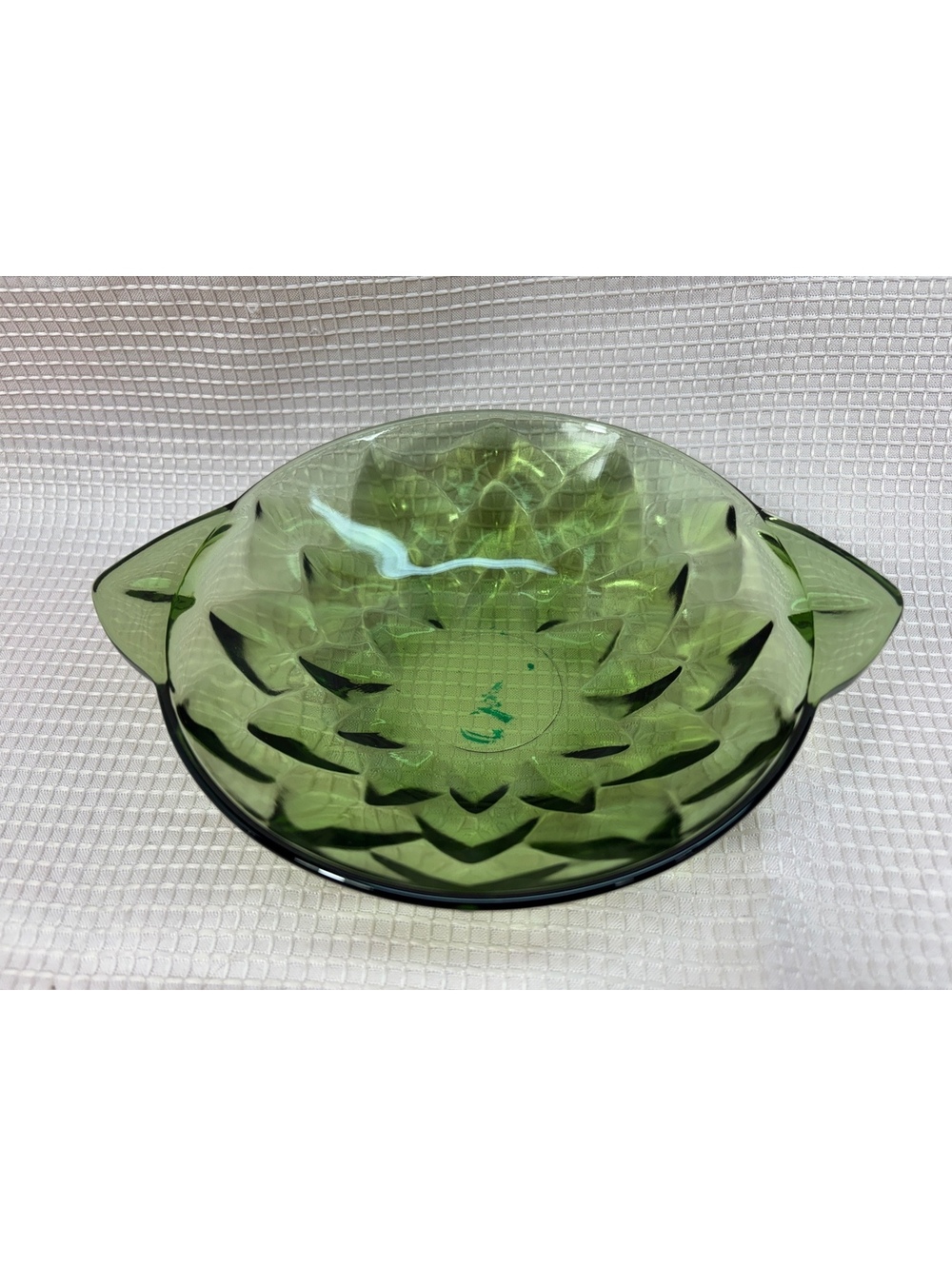 284 - avocado green pressed glass candy or serving dish with two pointed handles